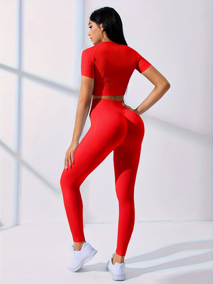 Women's 2pcs Workout Set - Yoga Top & Leggings, Crew Neck, Medium Stretch, Solid Color, All-Season Activewear, Workout