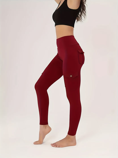 Halloween Costume, 3pcs Women's High-Waisted Yoga Leggings with Pockets - Stretchy Running and Athletic Tights, Button Design, Solid Colors Black, Maroon, Gray, Practical Flap Pockets, Comfortable Fabric Christmas Women's Autumn Wear