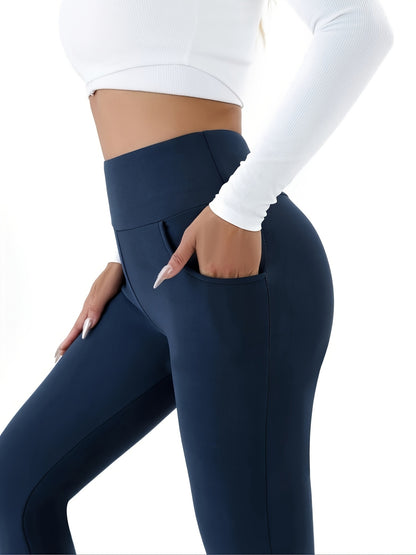 Women's High-Waisted Leggings with Pockets - Warm, Stretchy Faux Blend Casual Trousers, Perfect for Autumn and Winter, Features an Elastic Waistband, Winter Leggings | Comfortable Winter Fashion | Plush Lining