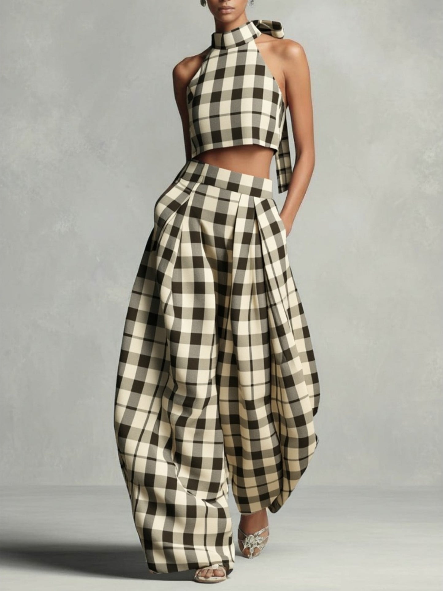 Beige-Brown Plaid Halter Crop Top And Wide-Leg Lantern Pants Set | Retro Elegant Mature Style Design, Suitable for Date Dinners, Luxury Parties, Daily Outings And More