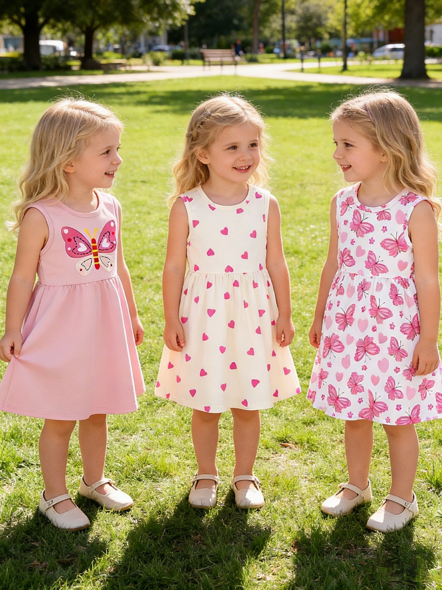 3pcs Cute Girls' Sleeveless Pink Dress Set with Butterfly And Heart Prints | Spring/Summer, Knitted Fabric, Regular Fit