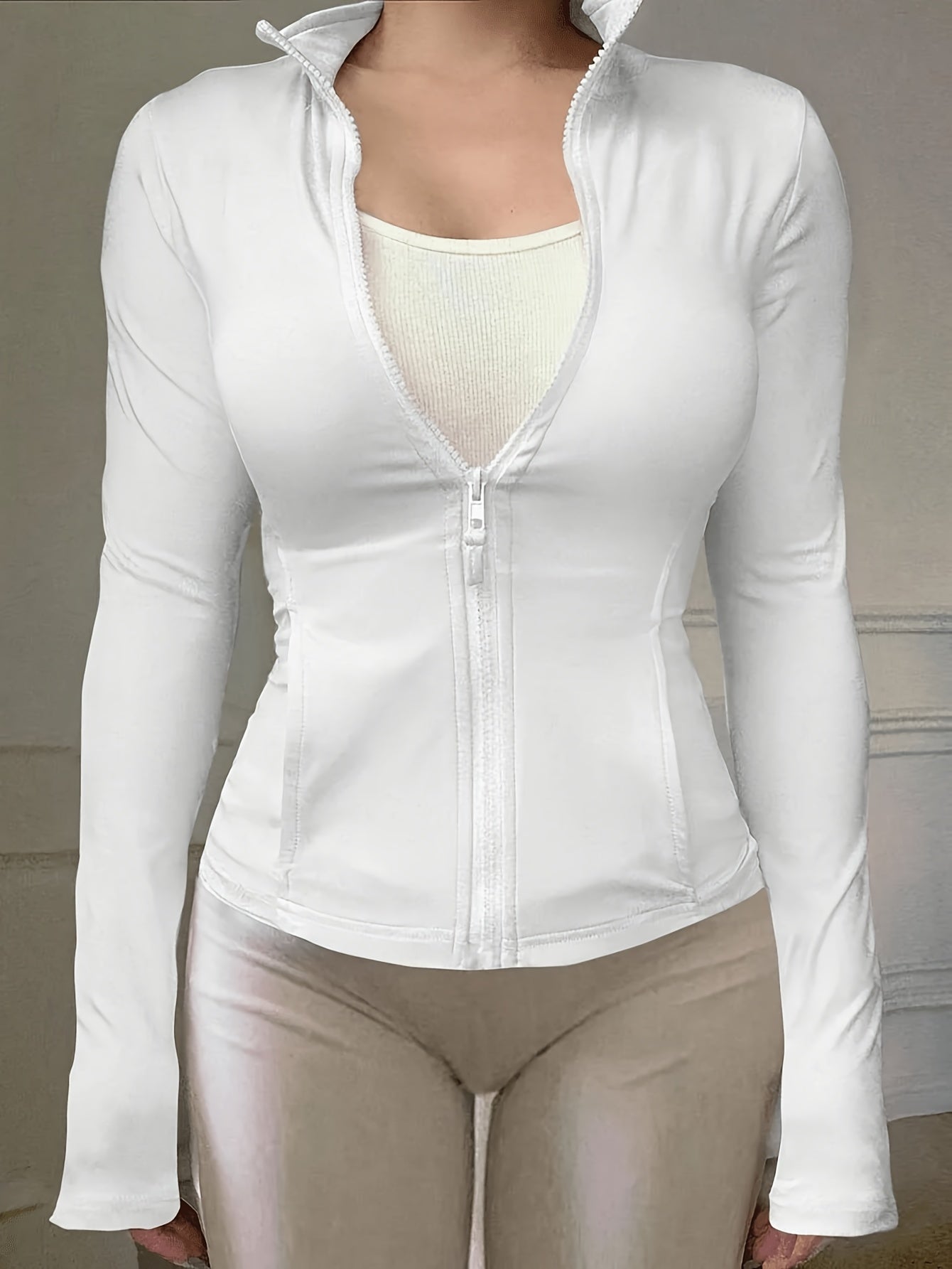Women'S Athletic Stand Collar Zip-Up Long Sleeve Slim Jacket Waist-Cinching Fitness Casual Sport Top
