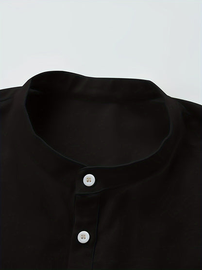 Plus Size Men'S Solid Shirt, Casual Breathable Half Button Cotton Blend Stand Collar Long Sleeve Shirt For Outdoor Activities, Men'S Clothing