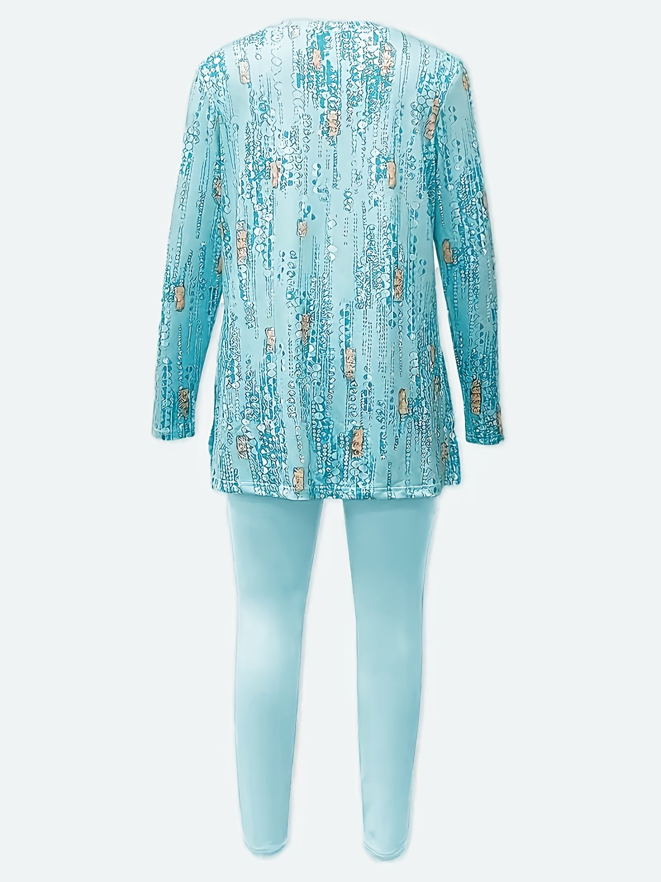 SINHOON Ladies' Attire Stylish Two-Piece Suit - Round Neck Long Sleeve Blouse with Side Slit And Printed Trousers - Ideal for Autumn And Winter Wear