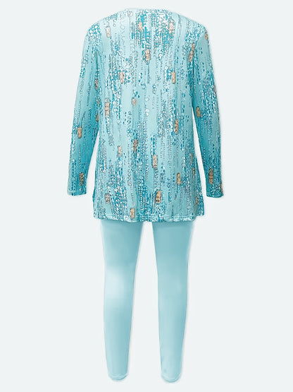 SINHOON Ladies' Attire Stylish Two-Piece Suit - Round Neck Long Sleeve Blouse with Side Slit And Printed Trousers - Ideal for Autumn And Winter Wear