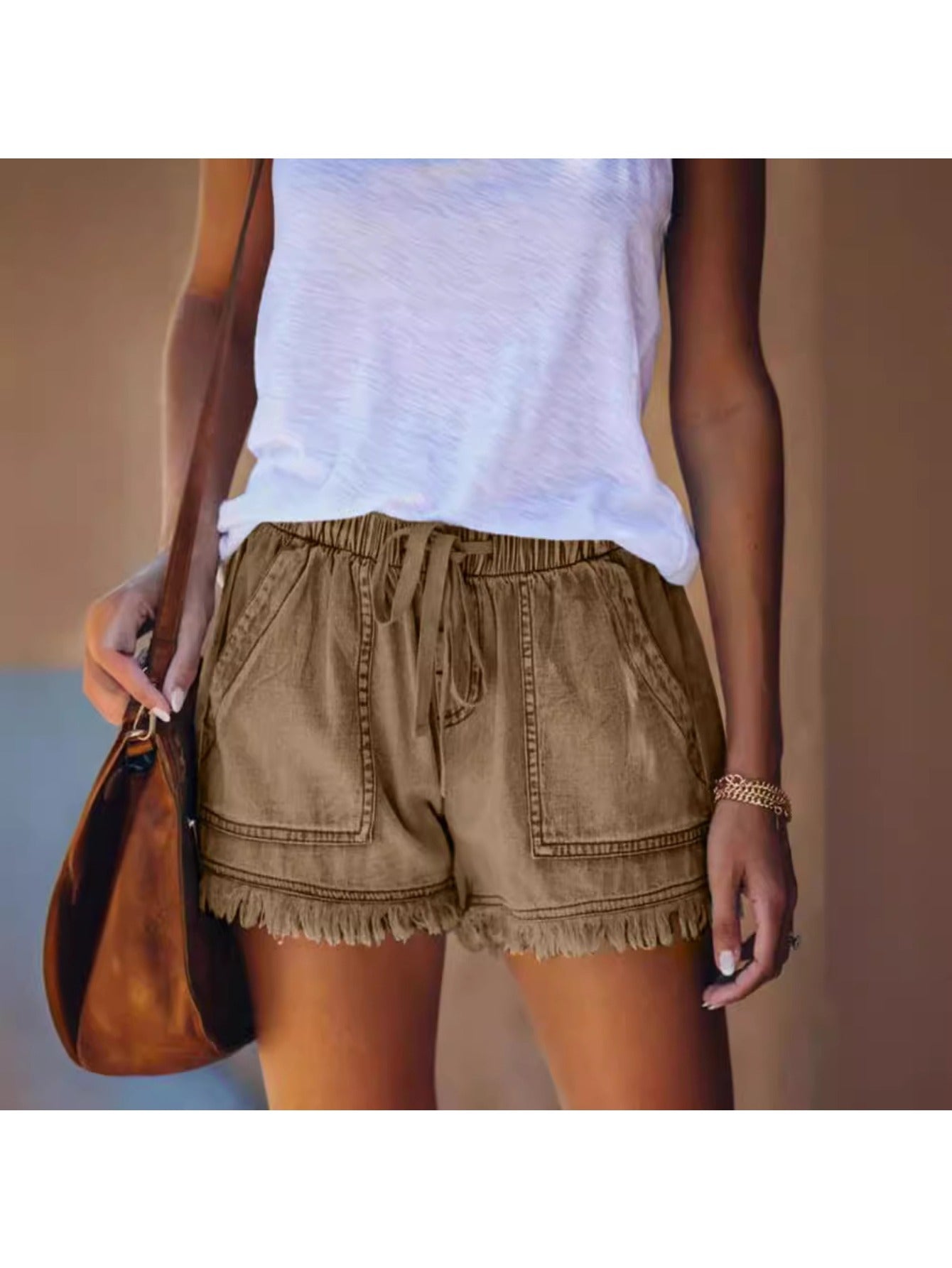 Elastic Waist High Rise Denim Shorts Women'S Hem Fringe Shorts Comfort Stretch Fit Casual Summer Bottoms