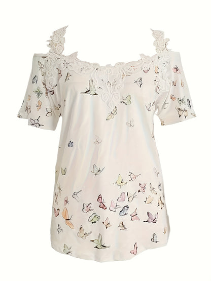 Spring And Summer New Butterfly Print V-neck T-shirt Lace Lace Casual Off-shoulder Short-sleeved Top