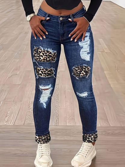 Women'S Mid- Rise Skinny Jeans with Leopard Print Patches& Ripped Details, Dark Wash, Stretchy Fabric a Flattering Fit, Edgy& Casual Styles