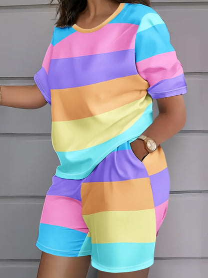 Plus Size, European And American Fashion Color-blocked Stripe Print Casual Shorts Set Plus Size Suit