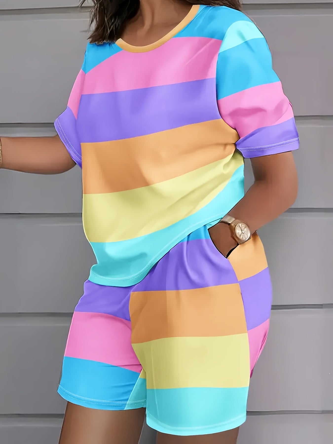 Plus Size, European And American Fashion Color-blocked Stripe Print Casual Shorts Set Plus Size Suit