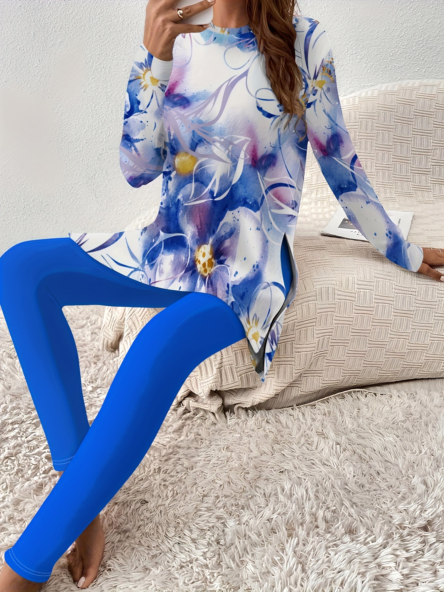 SINHOON Ladies' Attire Stylish Two-Piece Suit - Round Neck Long Sleeve Blouse with Side Slit And Printed Trousers - Ideal for Autumn And Winter Wear
