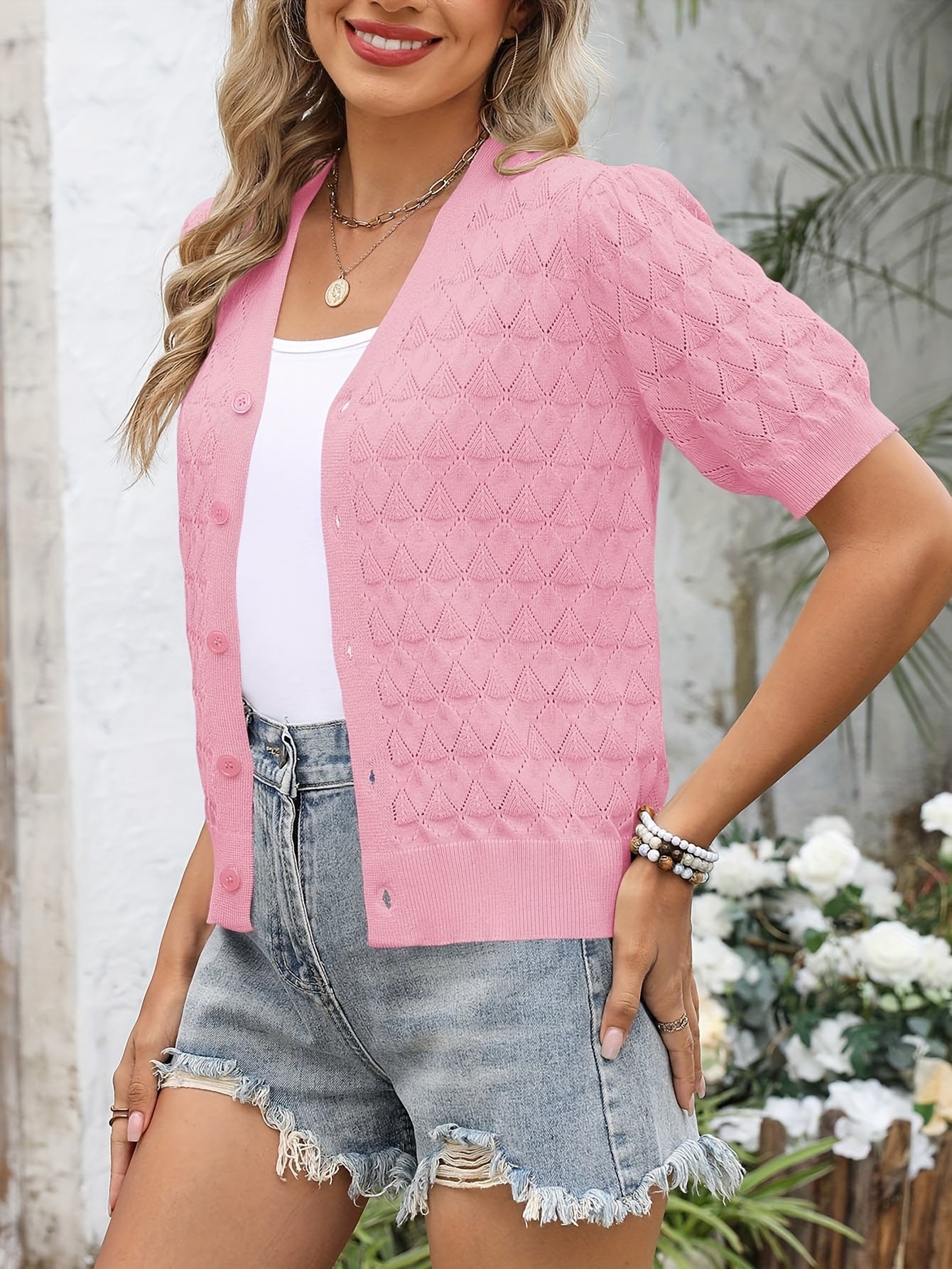 Lightweight Crocheted Short Cardigan for Women Featuring Puff Sleeves; a Breathable, Comfy, And Versatile Top Ideal for Spring And Summer
