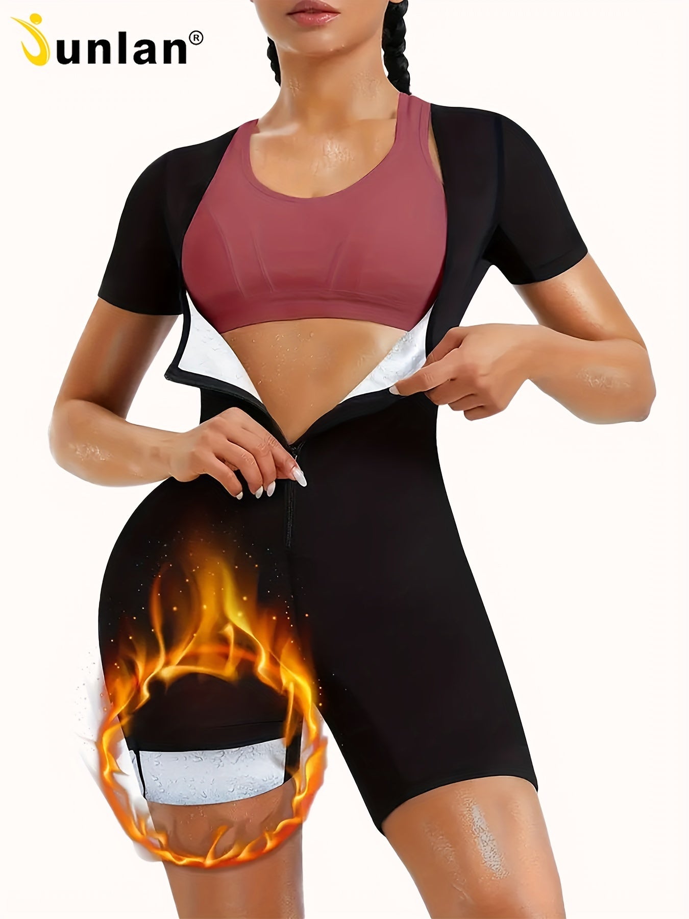 1pc JUNLAN Women' Sauna Suit Full Body Shaper Workout Vest & Shorts - 3-in-1 Waist Trainer, Sweat Vest with Sleeve Top & Shorts, Zipper Closure Tummy Gym Suit for Sauna Training, Fitness, Year-Round Wear (Hand Washable)