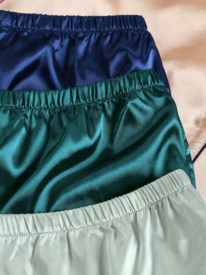 Casual, Fashionable, and Comfortable 6pcs Set in 3 Colors: Solid, Plain, Satin, and Satin Trim Short-Sleeve Shirt & Elastic Waist Shorts Pajama Set