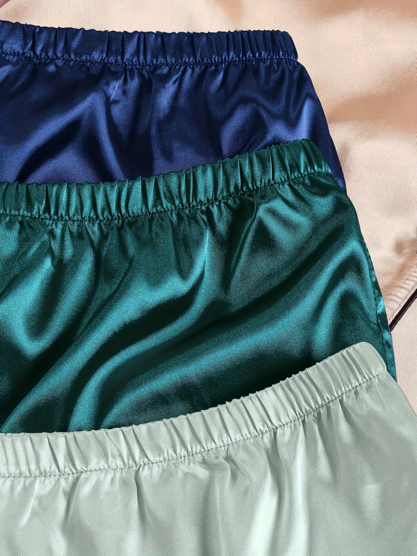 Casual, Fashionable, and Comfortable 6pcs Set in 3 Colors: Solid, Plain, Satin, and Satin Trim Short-Sleeve Shirt & Elastic Waist Shorts Pajama Set