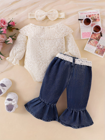 Baby Girls Clothes Fall Outfits For Girls Lace Off Shoulder Top Jeans Pant Sets Headband Belt 3pcs Newborn Infant Outfit Apricot With 3-24Months, for Outdoor