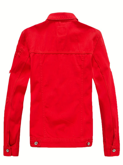 Men's Denim Jacket Fashion Slim Fit Ripped Cotton Stretch Denim Trendy Outerwear