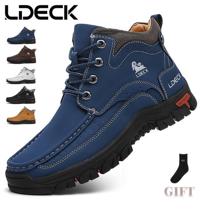 LDECK Men'S Fashion Sneakers Chukka Boots | Breathable, Non-slip, Mid-top Genuine Leather with Fabric Inner, Rubber Sole, Round Toe, Lace Closure | Perfect for Casual, Daily, Work, Office, All-season