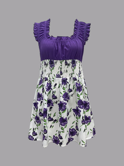 Attractive Honey-Themed Fashion, Charming Floral Mini Dress for Women, Featuring a Round Neckline And No Cuffs, Perfect for Summer Outings, Beach Days, Garden Dates, Anniversary Surprises, And As a Delightful Gift