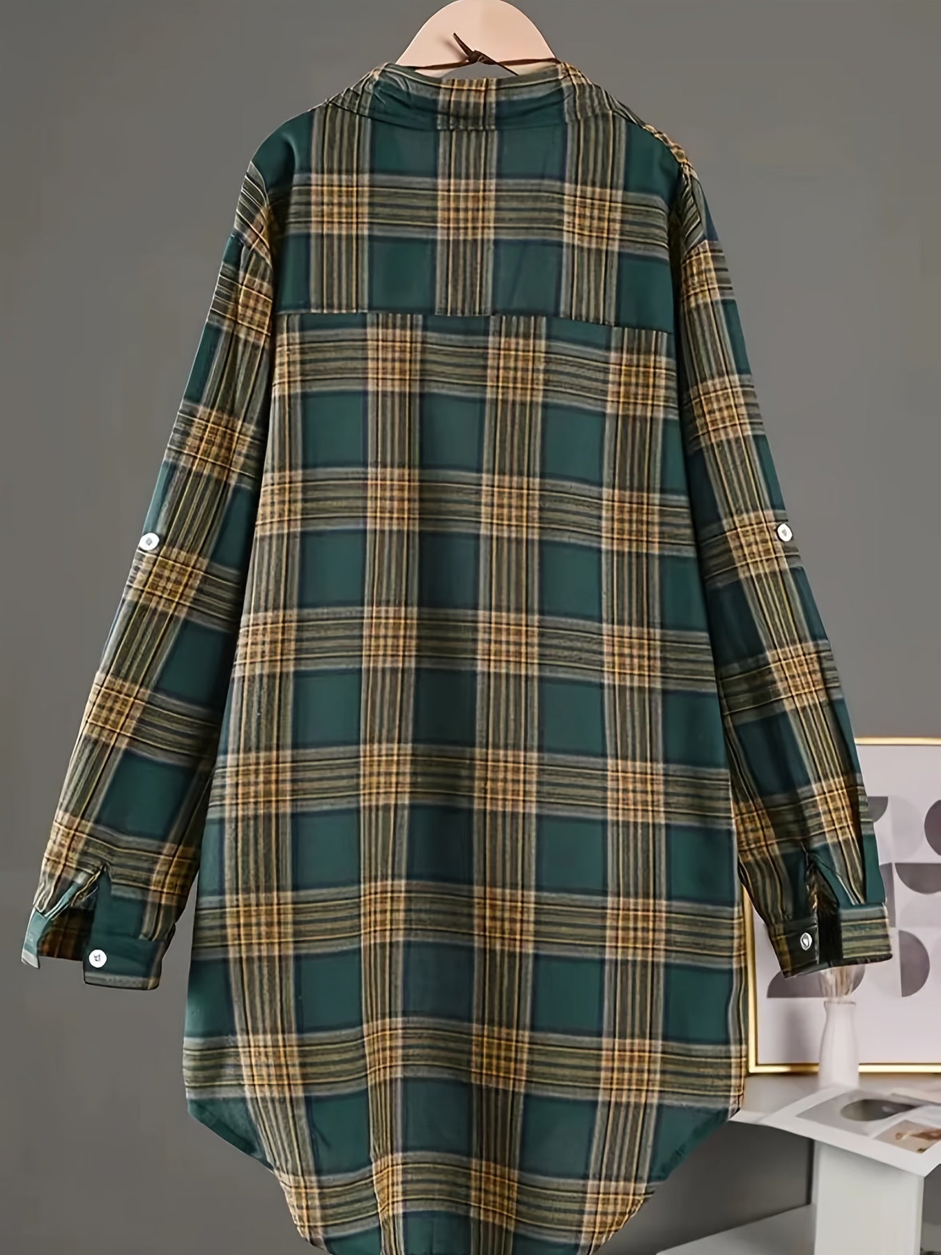 Plus Size - Plus Size - Plus Size Womens Casual Plaid Shirt - Lapel Collar, Dipped Hem, Semi-Sheer, Long Sleeve, Button Front, Perfect for All Seasons