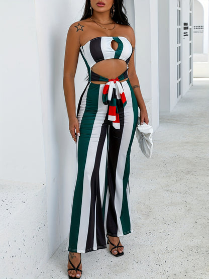 Summer Women's Striped Colorblock Cutout Bandeau Jumpsuit