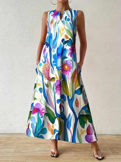Casual And Fashionable Floral Print Round Neck Dress, Casual Sleeveless Dress with Pockets, Suitable for Casual Vacation Spring And Summer Women's Clothing