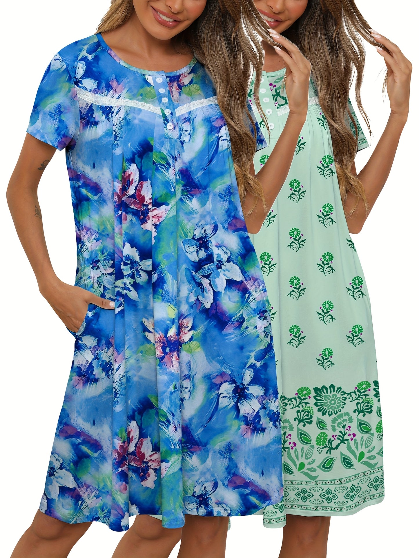 2pcs Women's Floral Nightgowns - Short Sleeve Lace Trim House Dress with Pockets, Comfy Mumu