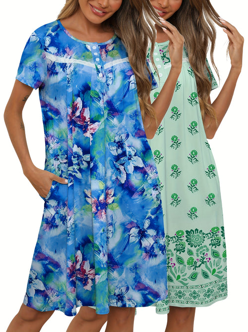 2pcs Women's Floral Nightgowns - Short Sleeve Lace Trim House Dress with Pockets, Comfy Mumu