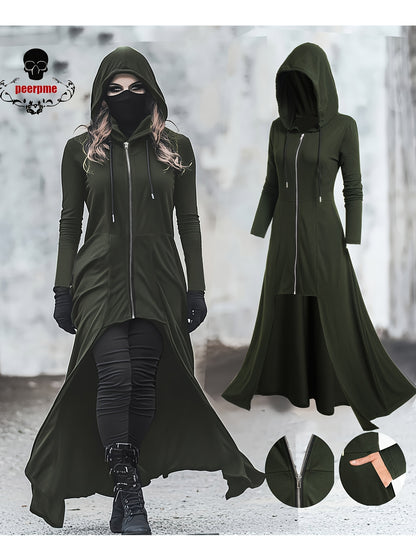Gothic Style Zip Up Jacket, Casual Long Sleeve Hooded Extra-long Swallowtail Jacket for Holiday & Cosplay, Women's Clothing