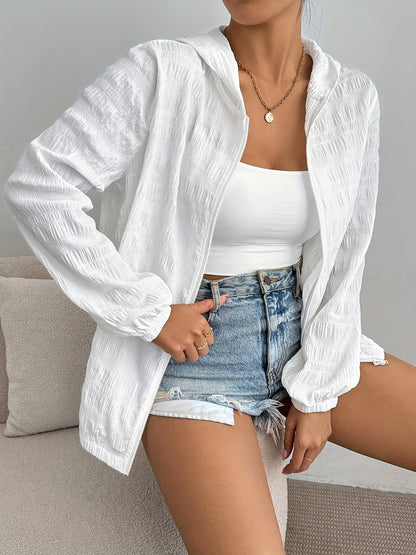 Women'S Lightweight White Hooded Jacket | Casual Pleated Design, Zip-Up Closure, Long Sleeves, Machine Washable - Versatile Outerwear for Fall, Spring, and Summer, Fashion and Leisure