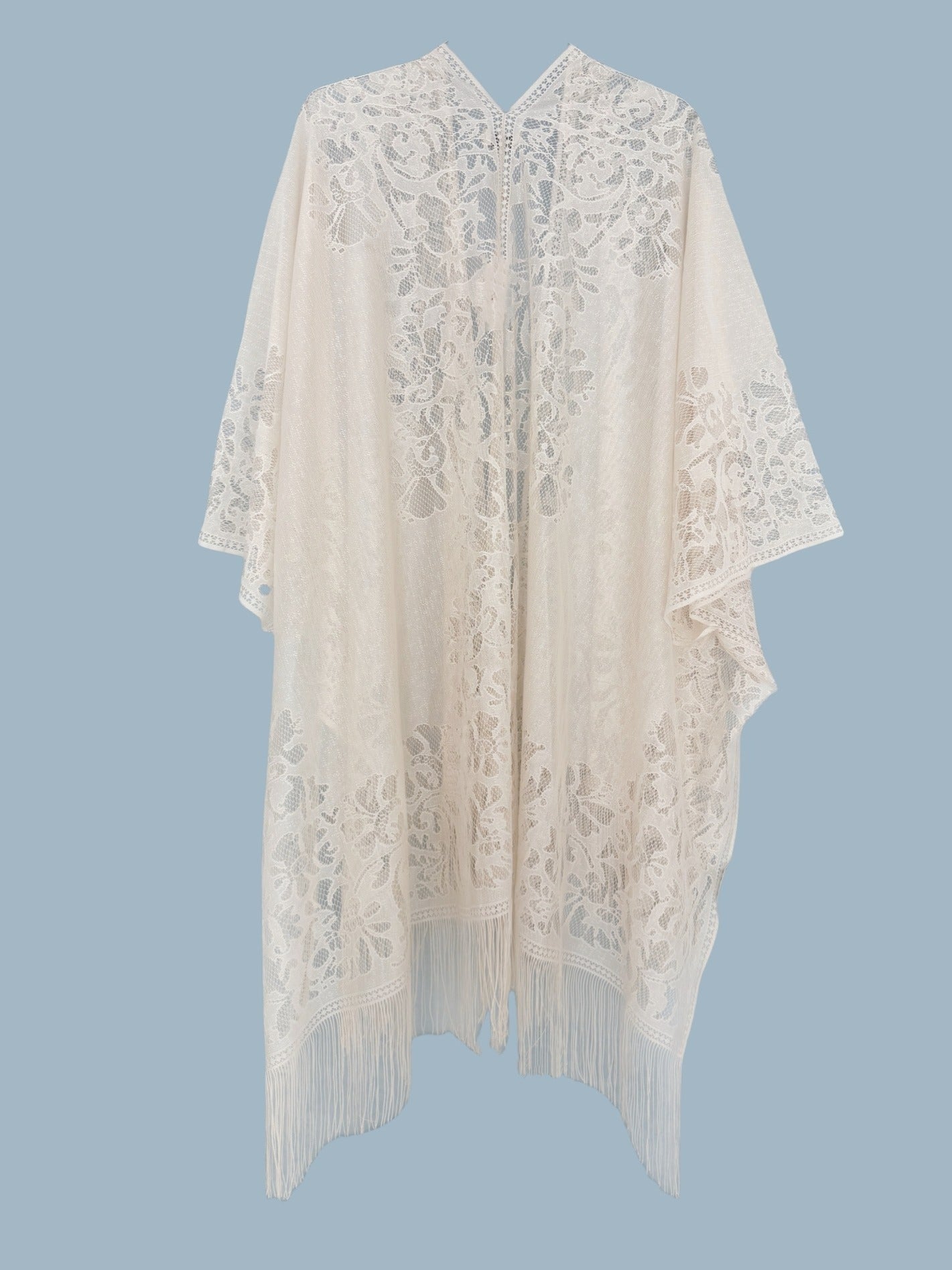 Woman's Plus Size Boho Cover Up, Lace Kimono, Women's Plus Floral Lace Batwing Sleeve Cover-Up, Open Front Tassel Trim Kimono, Lightweight Beach Cover Up