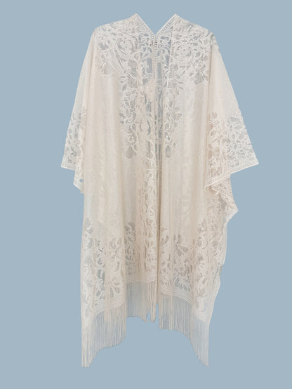 Woman's Plus Size Boho Cover Up, Lace Kimono, Women's Plus Floral Lace Batwing Sleeve Cover-Up, Open Front Tassel Trim Kimono, Lightweight Beach Cover Up