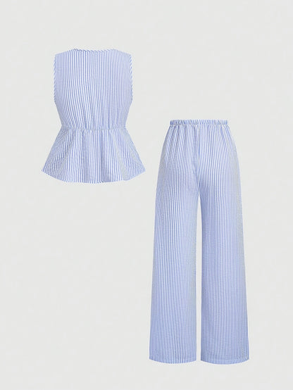 2pcs Women's Summer Tie Front Waist Cinched Sleeveless Top + Wide Leg Pants Set | Minimalist Plaid Design, Ideal for Daily Outings Commuting Dates and Multi-Scene Wear