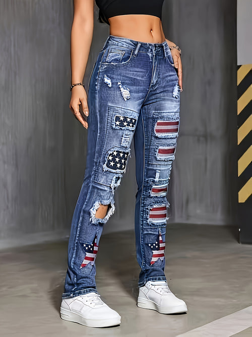 Women's Jeans with Star Embroidery, Ripped Holes, Personality, Versatile for All Seasons, Elastic Street Style Denim Straight Leg Pants