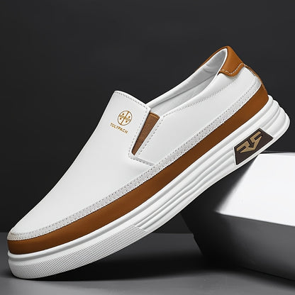 Men'S Slip-On Casual Sneakers - Business Casual & Retro Style White & Brown Low-Top Shoes with Cushioned PVC Sole for Spring Summer Fall, Versatile for Office, Sports & Daily Wear
