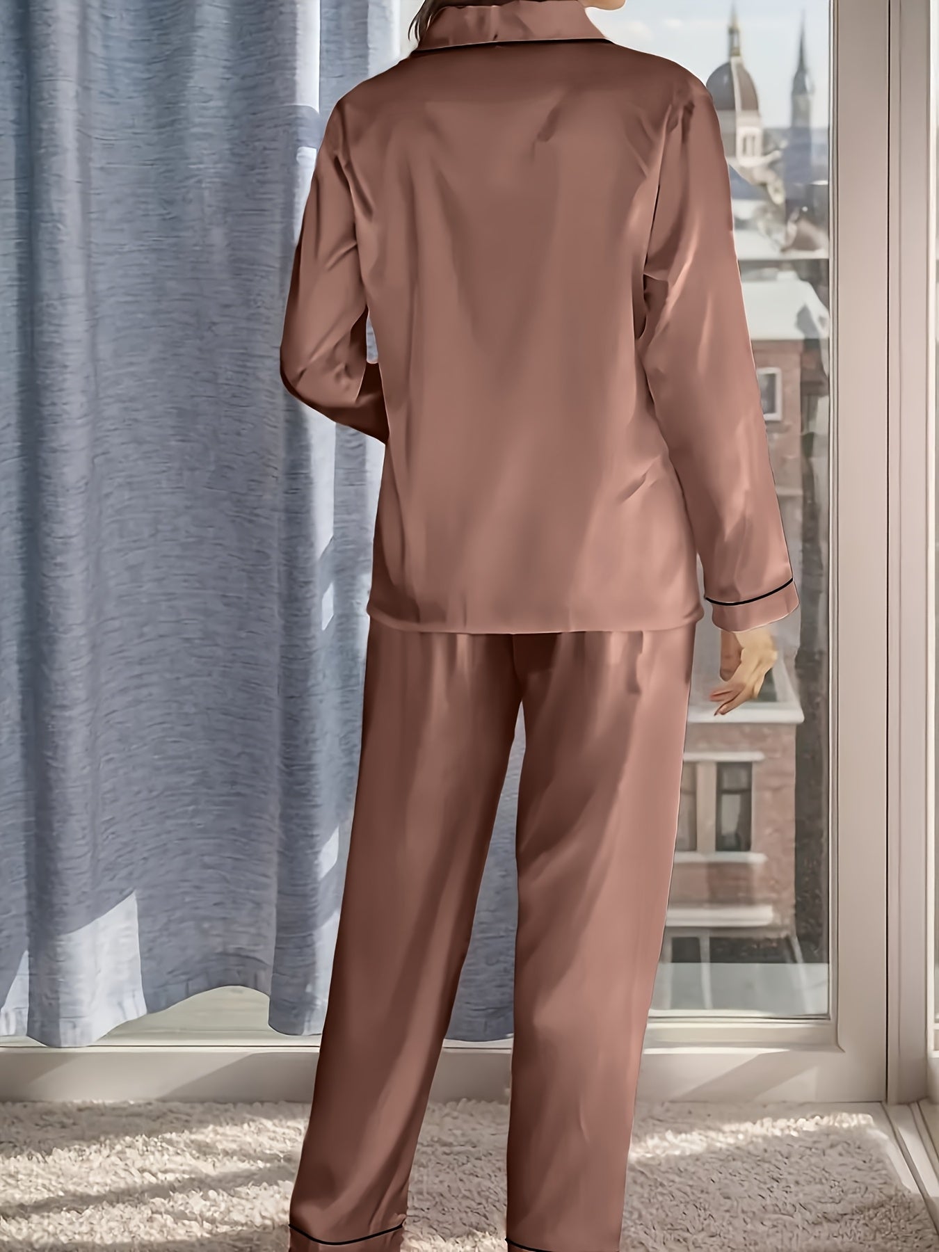 Women's Satin Casual Comfortable 1 Set 2pcs Pajama Outfit, Turn- Collar Long Sleeve Top & Elastic Waistband Trousers Women's Sleepwear