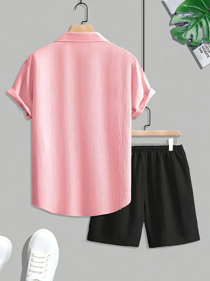 Set of 2pcs for Men Including a Solid Color Short Sleeve Shirt with a Single Button And Matching Pants, Perfect for Casual Wear