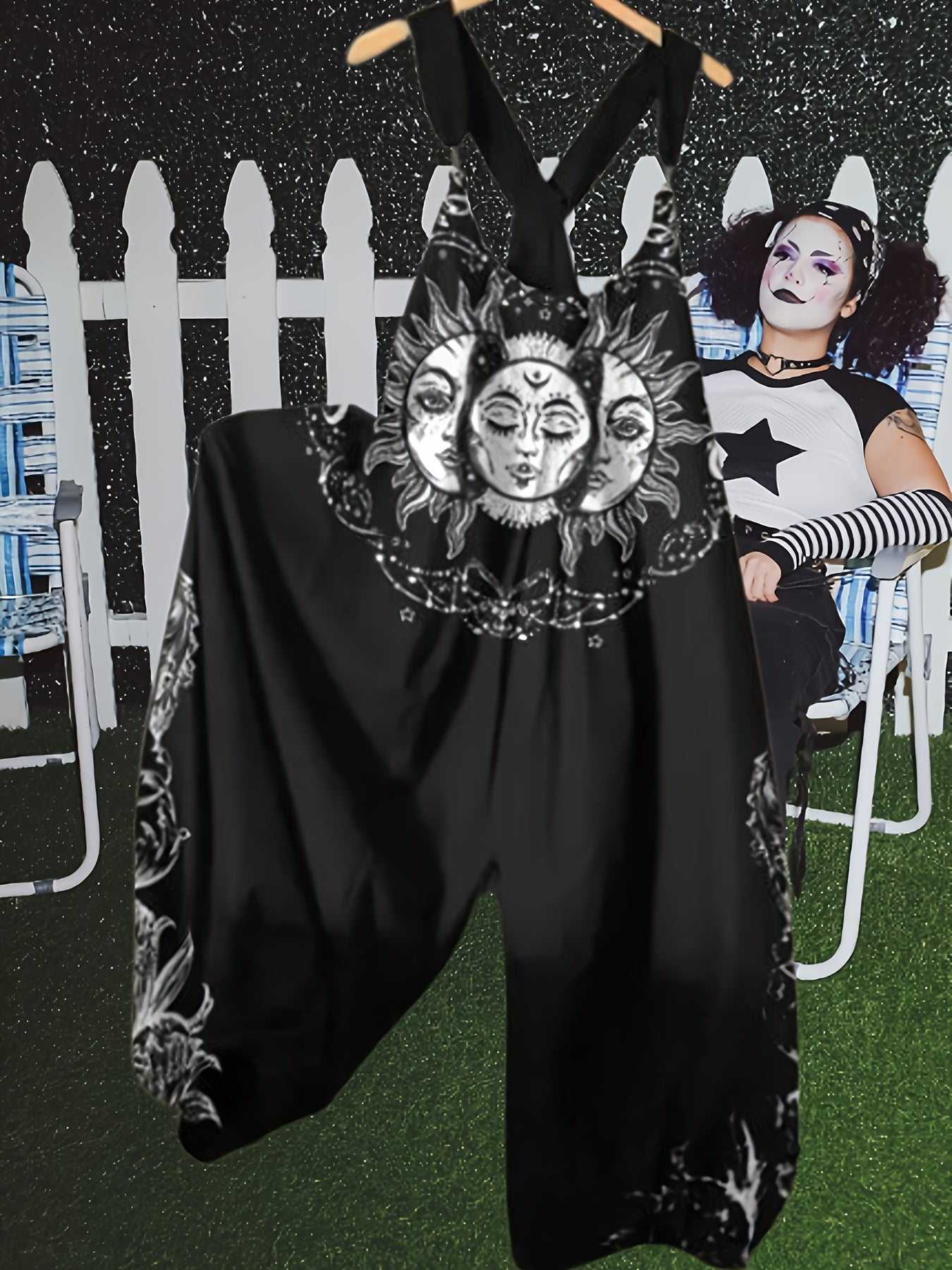 Women'S Gothic Sun And Moon Printed Relaxed Jumpsuit