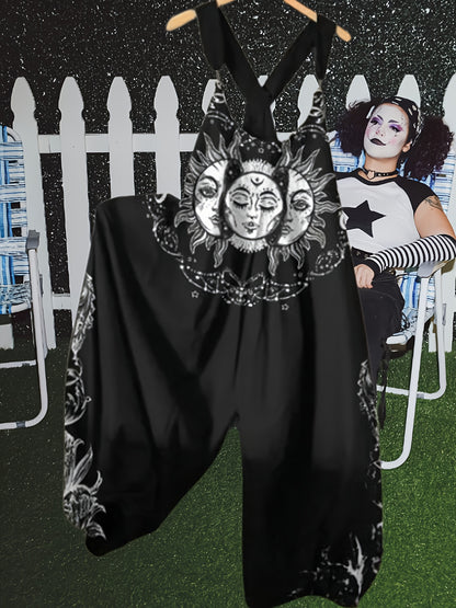 Women'S Gothic Sun And Moon Printed Relaxed Jumpsuit