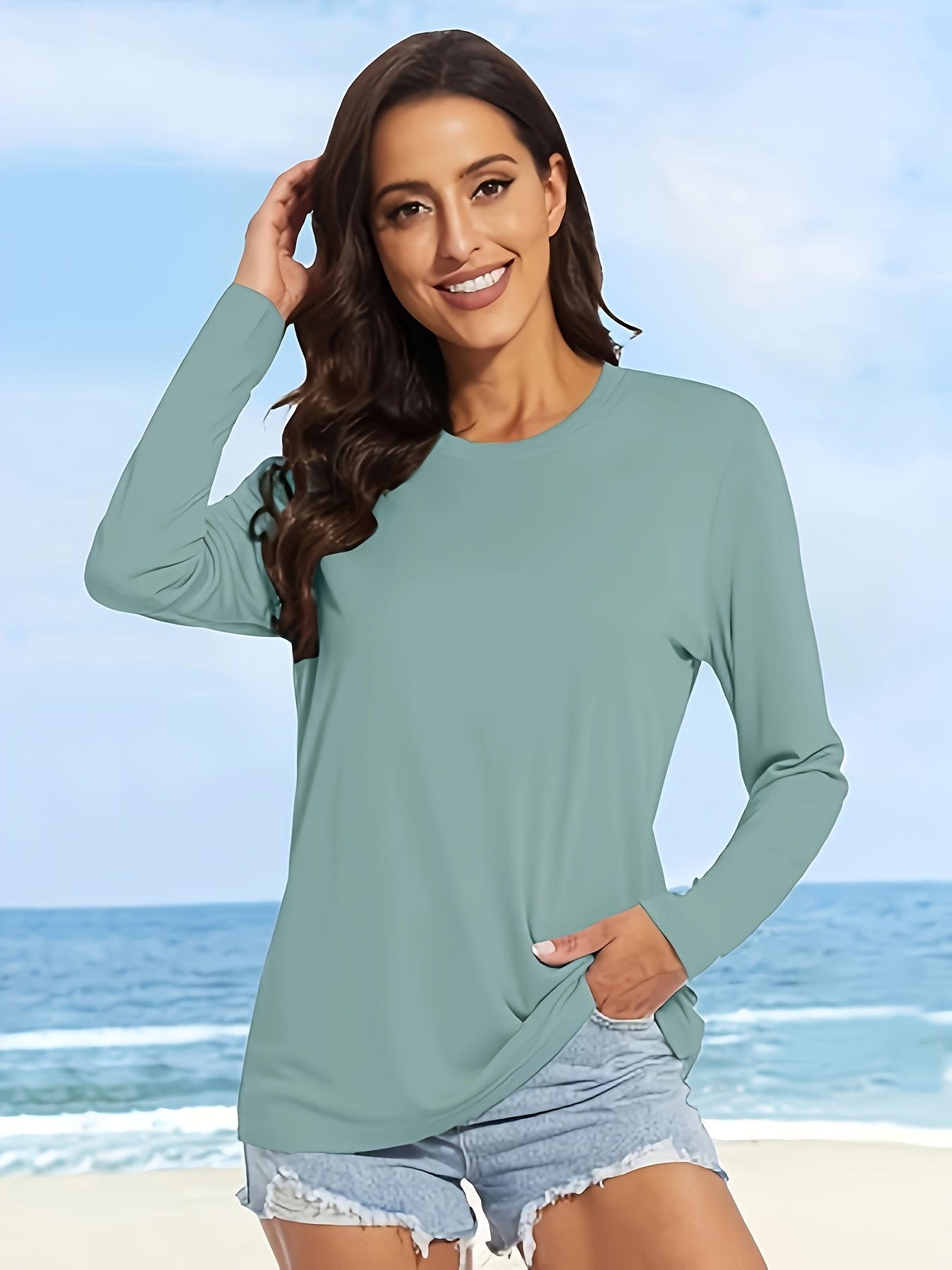 10pcs Women'S Long Sleeve Crew Neck T-shirts - Casual Solid Colour Tops - Fine Beaded Ground Fabric For And Outdoor