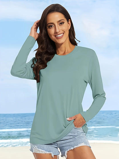 10pcs Women'S Long Sleeve Crew Neck T-shirts - Casual Solid Colour Tops - Fine Beaded Ground Fabric For And Outdoor