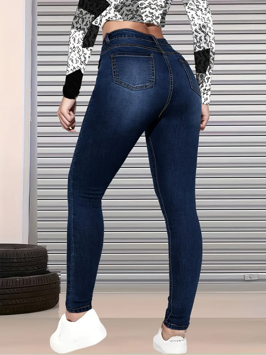 Women's Dark Blue Ripped Skinny Jeans, High Stretch Slim Fit Distressed Denim Pants with Pockets, Casual Streetwear Skinny Denim Trousers for Daily All-Season Wear