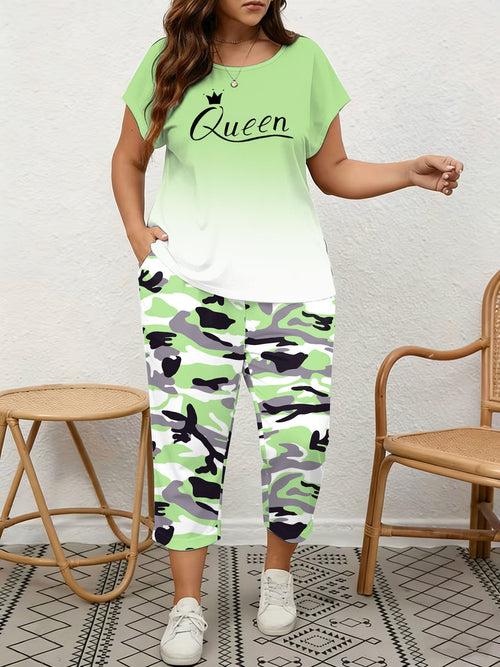 Plus Size, Spring/Summer Plus Size Women's 2pcs Set, Gradient Print And Queen Print, Round Neck Top with Capri Pants, Suitable for Home, Leis And Outings