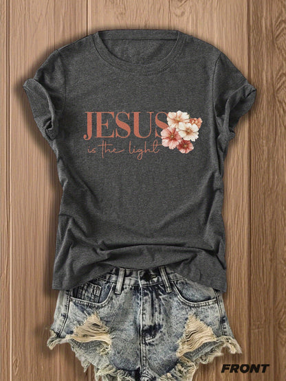 Jesus Floral Cross Double-Sided Print T-shirt - Stylish Faith-Inspired Design for Casual Wear, Perfect for Christian Women, Trendy and Comfortable -blend T-shirt with Double-sided Print