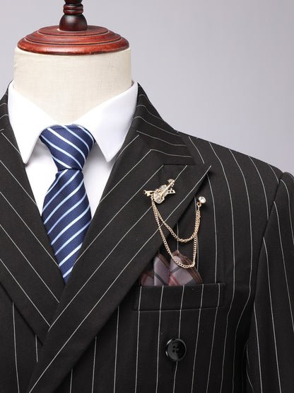 Latest Men's Suit Striped Double-Breasted Suit Spring/ Summer/ Autumn Thin Two-Piece Set with Frill Collar Striped Style Four Buttons Suit Business And Casual Dress Collar Necklace Decoration Slimming Dress Casual Suit White Suit