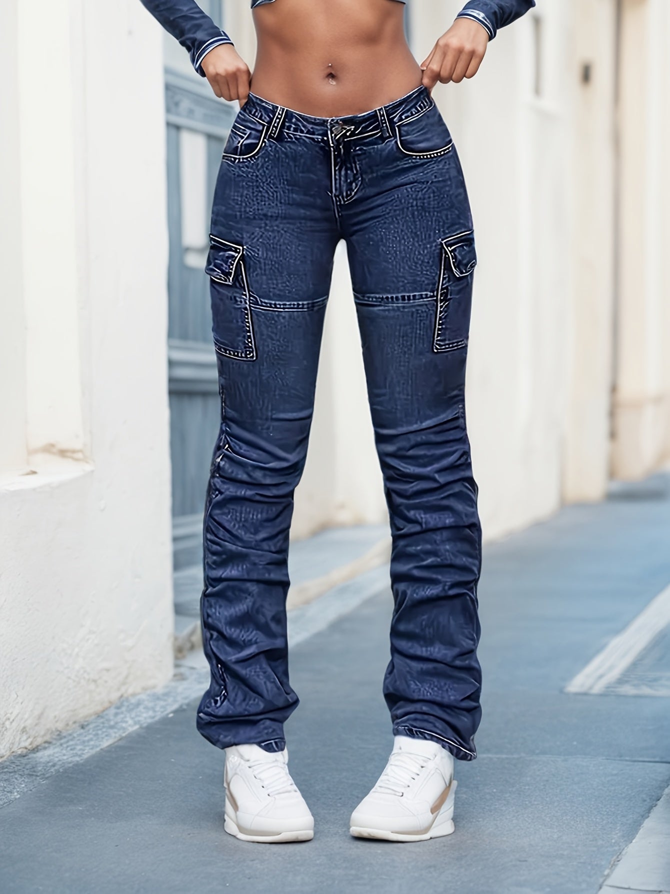 Textured Blue Comfortable and Relaxed Deep Blue Women's Jeans with Large Pockets, Wear-Resistant Topstitch Design, and Calf Pleats