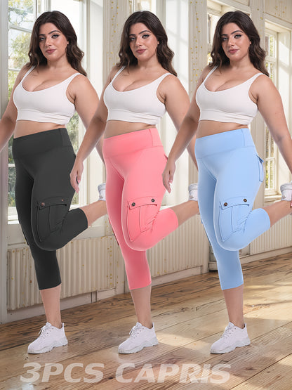3-packs High Waist Yoga Capri Pants 3pcs Capri Pants Set, 4 Way Stretch Butt Lifting Tummy Control, 4 Button Pockets Workout Running Sports Pants