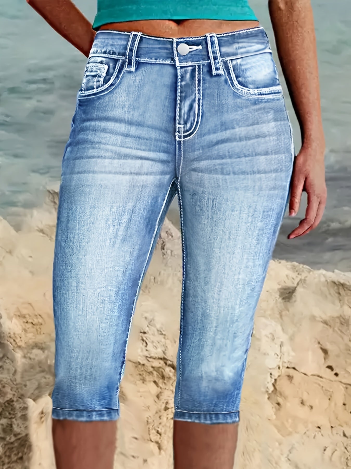 Plus Size Blue High Waisted Stretchy 7/8 Denim Capris for Women, Cuffed Hem Distressed Jeans with Front Slant & Back Pockets, Minimalist Street Style Versatile Pants for Spring Summer Daily Outings