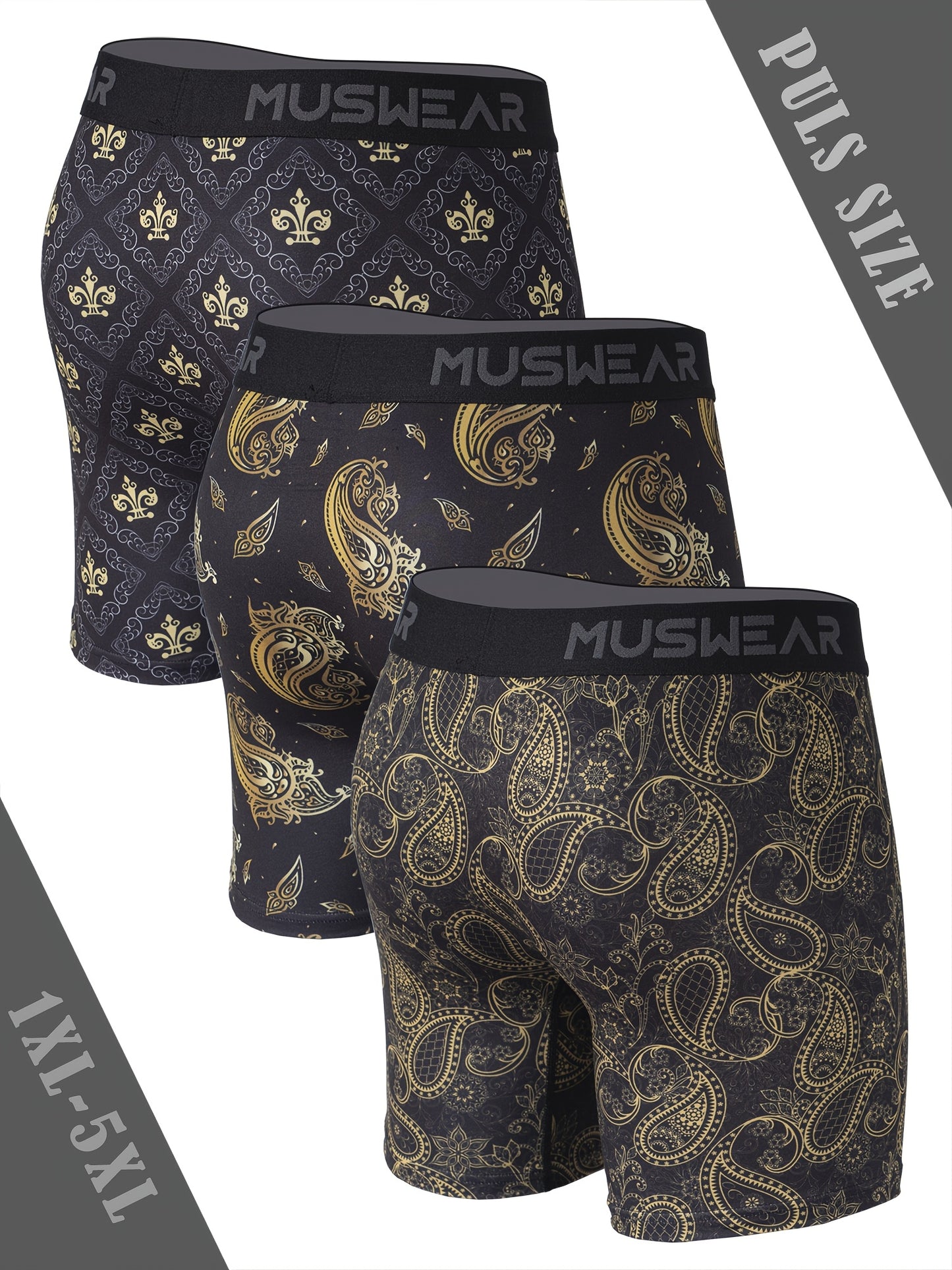 Set of 3 MUSWEAR Men'S Plus Size Boxer Briefs - Designed to Wick Moisture, Dry Quickly, Featuring a Long Print for Sports, Equipped with a Side Zipper, in a Baroque Design, Available in Plus Sizes