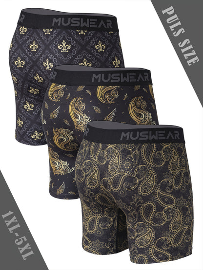 Set of 3 MUSWEAR Men'S Plus Size Boxer Briefs - Designed to Wick Moisture, Dry Quickly, Featuring a Long Print for Sports, Equipped with a Side Zipper, in a Baroque Design, Available in Plus Sizes